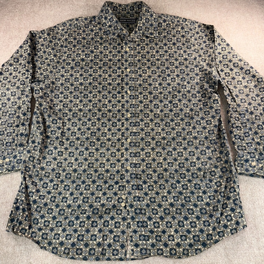 David Taylor Mens XL Long Sleeve Button Down Shirt Blue Grey Geometric Cotton